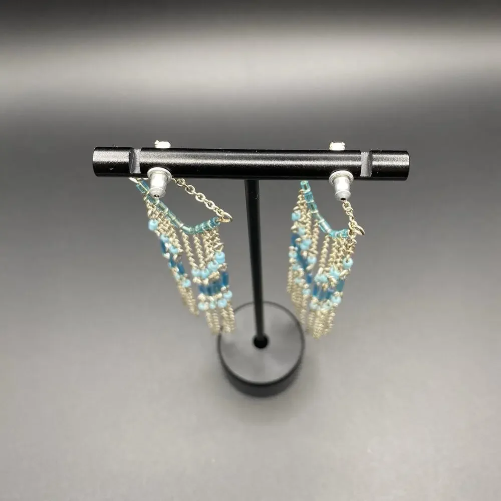 Silver-Tone Boho Beaded Stretch Ring Sz 8 w/ Dangling Beaded Earrings